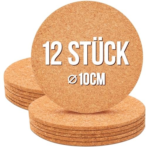 KONZEPT Untersetzer Gläser Korkuntersetzer Rund, 12er Glasuntersetzer Kork Set, Glas Untersetzer-set, 10cm