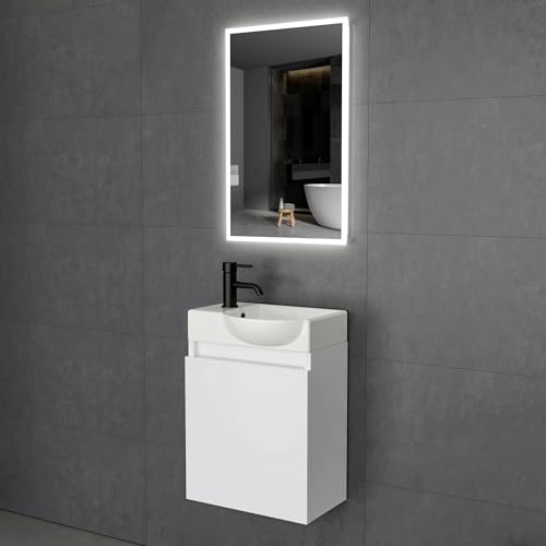 Alpenberger Badezimmermöbel Set | Gäste WC Waschtisch mit Unterschrank | Badschrank Schmal mit Badspiegel | Badezimmer Spiegel mit Beleuchtung | Waschbeckenunterschrank Weiß (Lugano 450R)