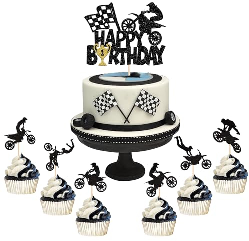 25 Stück Motorrad Tortendeko Schwarz Glitter Motocross Dirt Bike Cupcake Toppers für Sport Motocross Thema Kuchen Deko Mann Junge Geburtstag Party Kuchen Dekoration