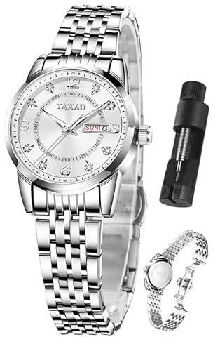 Taxau Damen Uhren Elegantes Kleid Diamant Analog Quarzuhr Edelstahl Wasserdicht Leuchtkalender Handgelenk Patch Reloj para Mujer