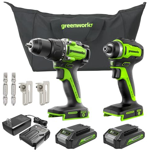 Greenworks 24V Brushless Cordless Compact 1/2 in. 530 in.-lbs. Drill/Driver and 1,950 in-lbs Impact Driver Combo (21+1 Clutch Position/LED Light), 2×2Ah Battery and 2Ah Fast Charger Included
