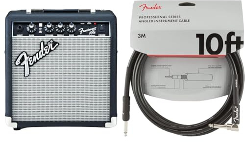 Fender Frontman 10G Combo Amp, 10W Small Practice Amplifier for Electric Guitar, Black/Silver & Professional Series Instrument Cable, 10 ft, Straight/Angle, Black, 3m