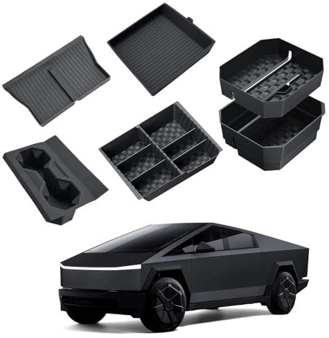 2024 Cybertruck Center Console Organizer - For 2024 Tesla Cybertruck Center Console - Double Layer Center Console Organizer+Bottom Tray+Glove Box Organizer+Cup Holder+Wireless Charger Mat(5 Pack)