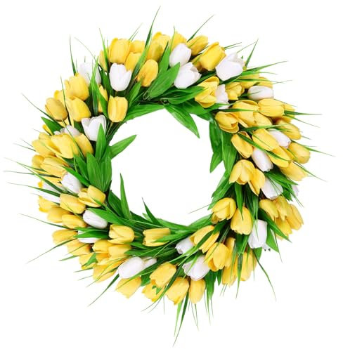 U'Artlines 20 Inch Tulip Wreath for Front Door, Spring Summer Silk Wreath with Green Leaves Artificial Tulip Flower Wreaths for All Seasons Window Wall Wedding Valentines Day Decor