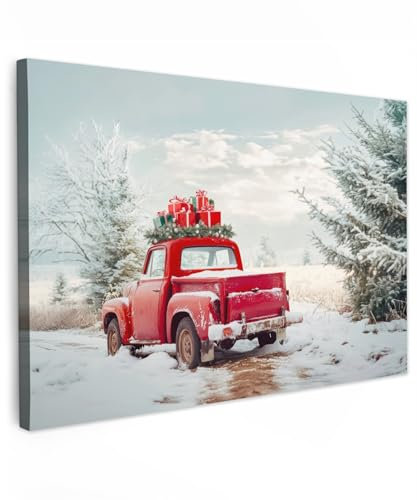 MuchoWow© Leinwand Groß 120x80 cm XXL Deko Schlafzimmer Aesthetic Leinwandbilder Wohnzimmer Gemälde Foto Geschenk Living Room Decoration Auto - Rot - Geschenke - Winter - Schnee - Weihnachten