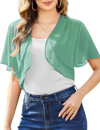 Aottori Cardigan Boléro Court Femme en Mousseline de Soie Gilet à Manches Évasées Courte Boléro Veste Elégant Chic pour Robe Bretelle Mariage Vert M