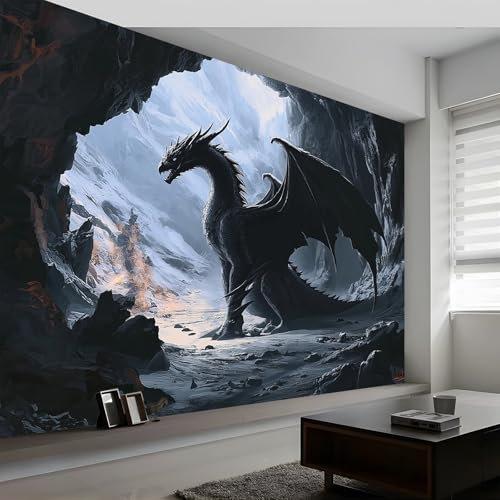 Papier peint intissé panoramique Grotte Fantastique Dragon Noir Revêtement mural décoration chambre salon 200 x 140 cm Poster Géant Décoration Noir pour Salon Chambre d'enfants Décoration Murale