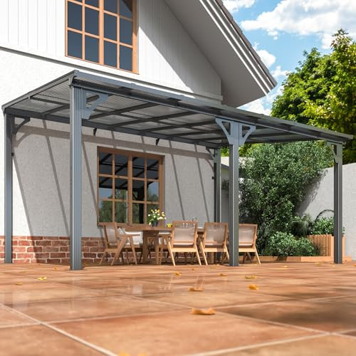 VIWAT Abri de jardin de 3 x 4,3 m, pergola épissable avec cadre en aluminium, tonnelle et pergola à fixation murale, auvents pour patio, arrière-cour, terrasse, gris