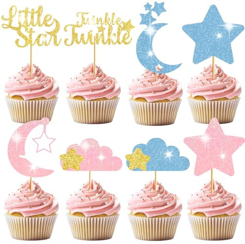 Twinkle Twinkle Little Star Cupcake Toppers, Star Cupcake Toppers, Twinkle Twinkle Little Star Gender Reveal Decorations, Gender Reveal Cake Decorations for Baby Shower Supplies