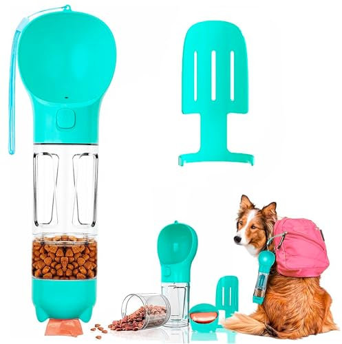 Botella de Agua para Perros, Bebedero Perro portatil, Accesorios para Viaje, con Cuerda, Pala y Bolsas de excrementos, Incluye Comida y Agua, botón antigoteo