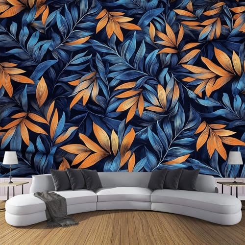 MIATCENRT Photo Wallpaper 200x150cm (WxH), Blue Orange Leaves Pattern Bedroom Living Room Home 3D Wall Mural, Tropical Navy Silk Cloth Wallpaper Roll Murals, Sofa TV Background Wall Mural