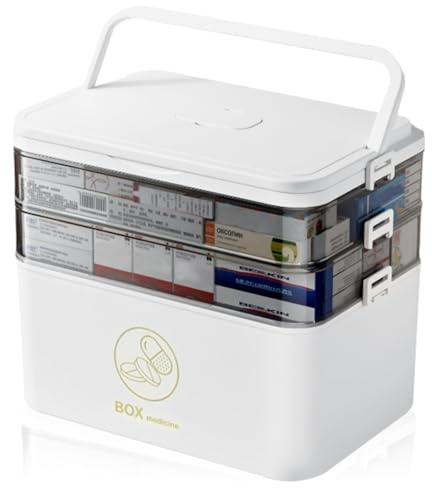 LIAVOP Rangement de médicaments à 3 étages, 30X24X16cm Boîte à Pharmacie | Boîte à médicaments Poignée Portable, Portable avec Fermeture Fixe Organisateur de médicaments Multifonctionnel