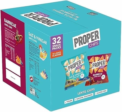 PROPERCHIPS - Multipack Box, Barbecue and Salt & Vinegar Lentil Chips, Vegan, Gluten Free Snacks, 14g, 32 Packs, (16 bags of each flavour) (1 Box) By Shop 4 Less