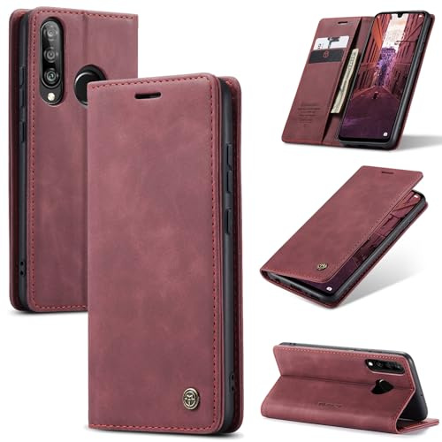 Ottcooed Handyhülle für Huawei P30 Lite Hülle, Premium Leder Flip Case, Magnet Klappbar Klapphülle Tasche, Standfunktion Kartenfach Wallet Schutzhülle für Huawei P30 Lite, Weinrot