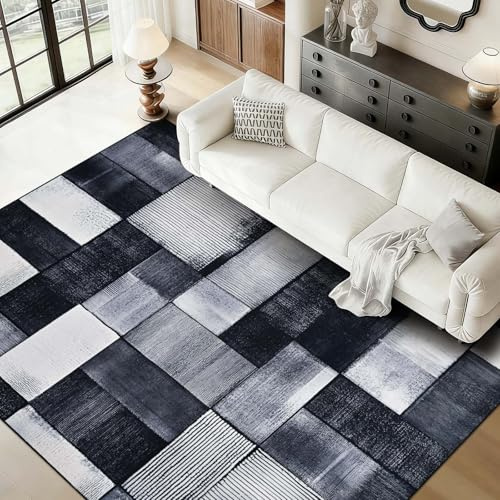 Alishomtll Teppich Wohnzimmer Schwarz Grau, Modern Kariert Läufer 200x280cm | Rutschfest Kurzflor Schlafzimmer Teppich, Weich Waschbar Geometrisch Küchenteppich, Pflegeleicht Langlebig Rechteckig Rugs