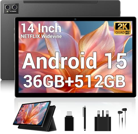 GAMORZE 14 Inch Tablet Android 15 Gaming Tablet 36GB+512GB/TF 2TB, Octa-Core, 11580mAh, 4-speaker, 13MP Camera, Large Screen with Dual SIM 4G LTE/5G WiFi/GPS/13MP/Case/Stylus/Earphone-Black