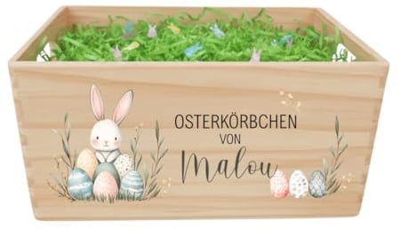 minimutz Personalisiertes Osternest mit Name, Osterkiste mit Ostergras & Häschen-Konfetti zum selbst Befüllen, Osterkörbchen Holz, Holzkiste & Ostergeschenk Kinder