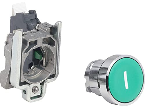 Schneider Electric Push button, Harmony XB4, metal, flush, green, 22mm, spring return, white marked I, 1 NO, compact push in terminals