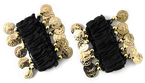 MyBeautyworld24 Belly-Dance Handkette (Paar) schwarz m. goldfarbenen Münzen Armband Handschmuck Fasching Bauchtanzen