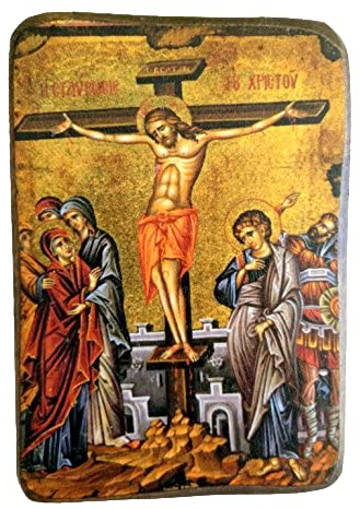 IconsGr Ikonenbild, auf Holz, handgefertigt, Motiv: Jesu‘ Kreuzigung, griechisch-orthodoxes Heiligenbild
