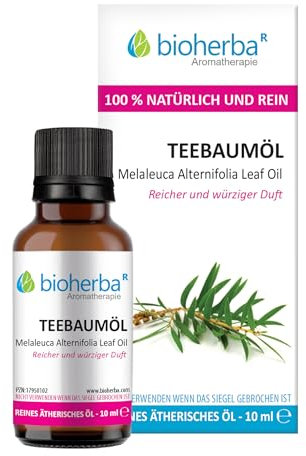 BIOHERBA Reines Teebaumöl - Ätherisches Öl, Körper, Gesicht & Haarpflege - Naturrein 10ml HOCHDOSIERT - Tea Tree Oil - Trägeröl verdünnen = 1:20/1:40 - Natürlich & Konzentriert, PZN 17950102