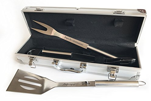 Grillbesteck mit Name individuell graviert, BBQ Set mit Gravur, Grillzange, Fleischwender, Geschenk für Männer zum Vatertag, Männertag, Geburtstag, Ostern, Weihnachten, Papa, Opa, Grillkoffer