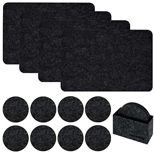DuneDesign Tischset 4 Extra-Dicke Filz Platzsets 43x30x0,5cm mit 8 Filz-Untersetzern Ø 10cm Runde Bierdeckel in Box Anthrazit