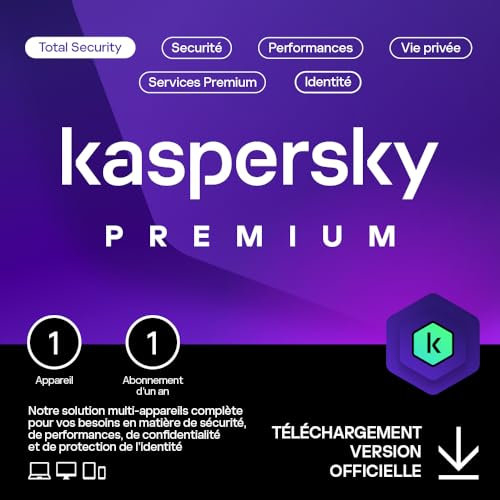 Kaspersky Premium Total Security 2026 | 1 appareil | 1 an | Anti-Phishing et Pare-feu | VPN illimité | Gestionnaire de mots de passe | Contrôle Parental| PC/Mac/Mobile | Code d'activation par email