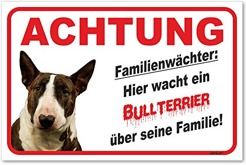 AdriLeo Schild - Vorsicht Bullterrier - Familienwächter - (30x40cm) / Dunkelbraun/weiß - Achtung Hund Wachhund robust langlebig UV-beständig wetterfestes Warnschild