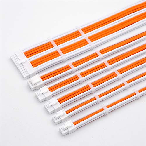 Angitu Customization 4mm PET Sleeve Extension Power Supply Cable Kit 6Pcs 30CM Cables 18AWG ATX/EPS/8-pin PCI-E/6-pin PCI-E (White & Orange)