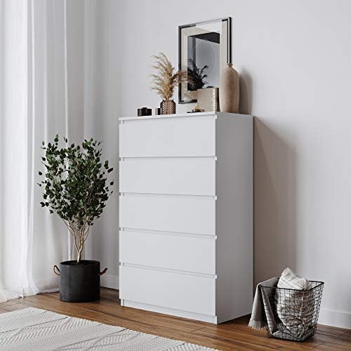 URBNLIVING 4 Or 5 Drawer Skagen Wooden Bedroom Chest Cabinet No Handle Storage Cupboard Modern (White Carcass + White Drawers, 5 Drawers)