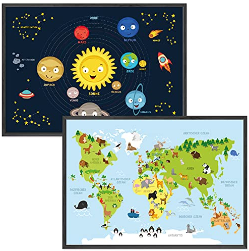 kizibi® Weltkarte und Planeten Poster Set A2 mit Rahmen Holz Schwarz für Kinderzimmer, Lernposter für Mädchen und Jungen, Orbit Kontinente | für Kindergarten, Vorschule oder Grundschule