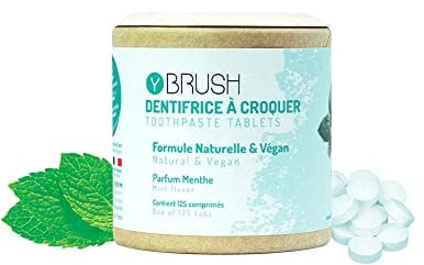 Y-Brush - Dentifrice à croquer - Naturel & Vegan - sans Fluor - Made in France- 60 comprimés - Avec boîte métal résistante- Zéro déchets - Goût menthe - Dentifrice Solide
