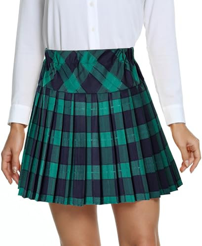 EXCHIC Femmes L'école Style A Ligne Elasticité Taille Haute Mini Plissée Jupe Plaid Ecossaise Kilt avec Pantalons(L, 5-Vert)