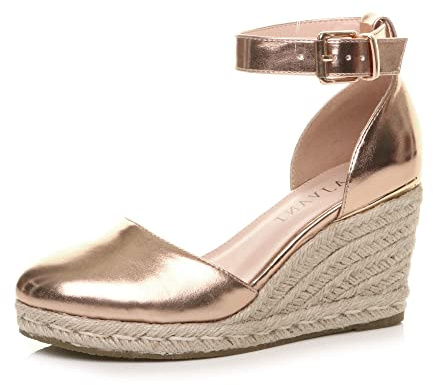 AJVANI Womens ladies mid wedge heel platform buckle up ankle strap espadrille sandals size