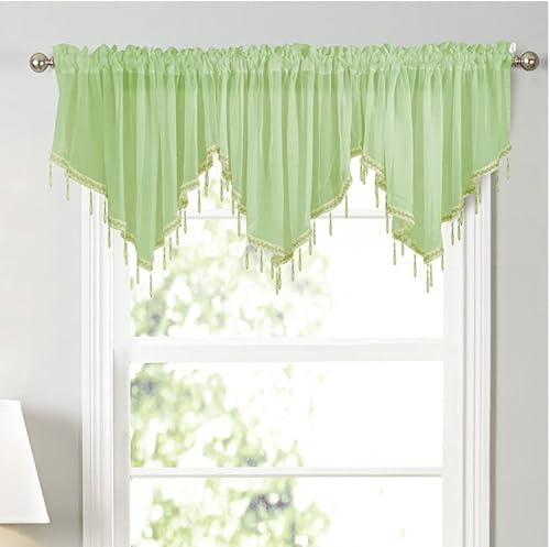 Devola Dreieckiger querbehang Gardine Spitze Scheibengardinen modern transparent Kurzer Vorhang mit hängenden Kristallperlen Küchenfenster Volant heimdekorationen Panneaux BxH 130x60cm Grün 1 Stück