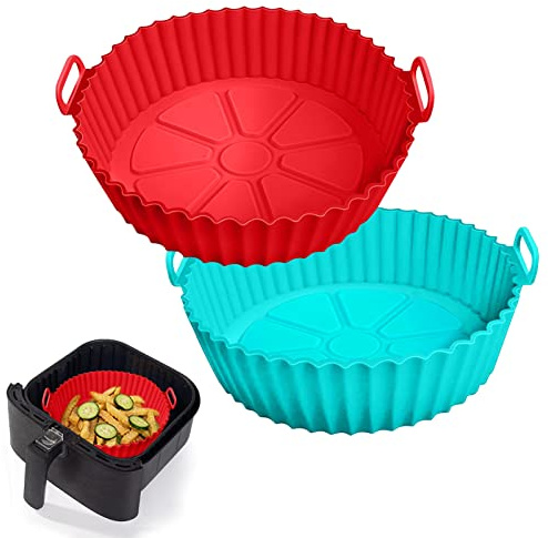 2 Pack Air Fryer Silicone Liners Pot for 3 to 5 QT, Basket Bowl, Replacement of Flammable Parchment Paper, Reusable Baking Tray Oven Accessories, Red+Blue, (Top 8in, Bottom 6.75in)