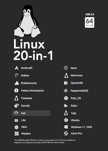64GB - 19-IN-1, Bootable USB Drive 3.0 for Linux & Windows 11, Mint | Kali | Ubuntu | OpenSUSE | Tails | Debian, Supported UEFI and Legacy