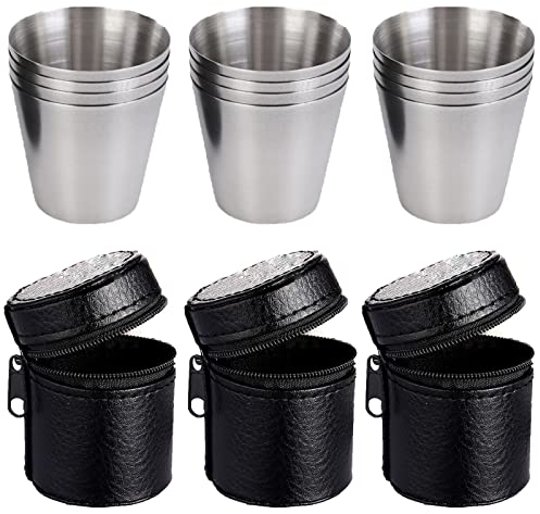 LQSCJS 12 Stück Edelstahlbecher, Flachmann Becher mit 3 Lederetui mit Reißverschluss, 30ml Klein Flachmann Becher Edelstahl Shot Gläser, Stapelbare Schnapsbecher für Outdoor Urlaub Camping