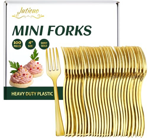 Jutieuo 100CT Mini Gold Forks 4 Inch Small Plastic Gold Dessert Forks Disposable Heavy Duty Tiny Forks for Appetizers Tasting, Cocktail Hors D'oeuvres, Charcuterie Board, Wedding Reception