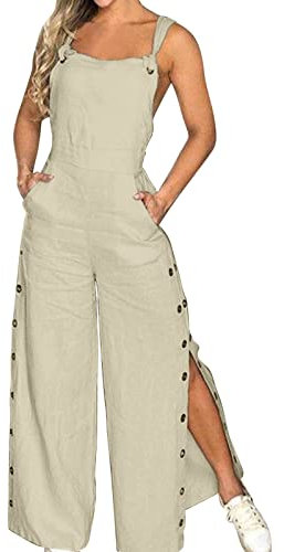 Damen-Overall, Latzhose, breite Beine, Overalls für Frauen, lässiger Overall, Air Essentials, ohne Ärmel, Knöpfe, Latzhose, locker, mit Taschen, Baggy, Arbeitsoverall für Damen, beige, 38