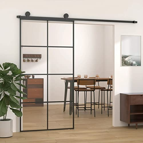 Homgoday Puerta corredera negra 102,5 x 205 cm de vidrio ESG y aluminio, puerta corredera interior, puertas de interior, puertas correderas interiores y exteriores