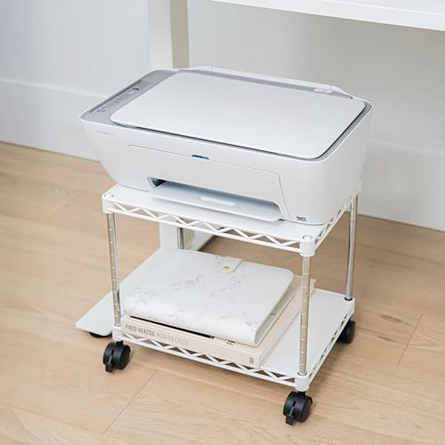 ZBRANDS Druckertisch mit Rollen – Druckerständer – Rollbarer Druckertisch – Druckertisch – Bürowagen mit 2 Fächern – Kleines Rollregal – Druckerschrank (Mini, Weiß)