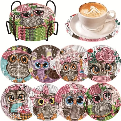 Herfair Diamond Painting Untersetzer 8 Stück Eulen Holz Untersetzer mit Halter Diamond Painting Erwachsene Handgefertigt Mosaik Untersetzer Geschenk für Esstischdeko