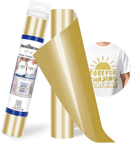 TECKWRAP Heat Transfer Vinyl - 12 x 10ft Iron on Vinyl for DIY Clothing,Shirts,Logos,Hats, Fabric HTV Vinyl Heat Transfer Paper Compatible with Heat Press Craft Cutters,Gold