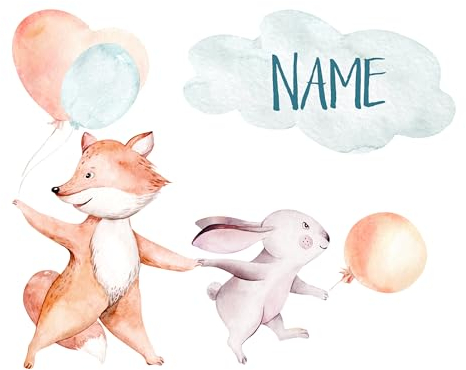 GRAZDesign Wandtattoo Name Fuchs & Hase, Luftballons für Babyzimmer Kinderzimmer Wandsticker über Bett, Wickelkommode - 70x57cm