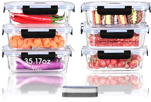 IUGHN Glass Storage Containers with Lids Set of 6, 1040ml Glass Containers with Lids, BPA Free Air Tight Food Storage Sontainer, Meal Prep Containers (6 Lids & 6 Containers) and 1 Cleaning Sponges