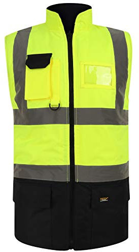 Dolce Fashions® High Visibility Bodywarmer Fleece Lined Reversible Gilet Jacket Adults Hi Vis Waterproof Workwear Security Safety Wear Warm Sleeveless Waistcoat Body Warmer Vest Top (Yellow-Navy, 5XL)