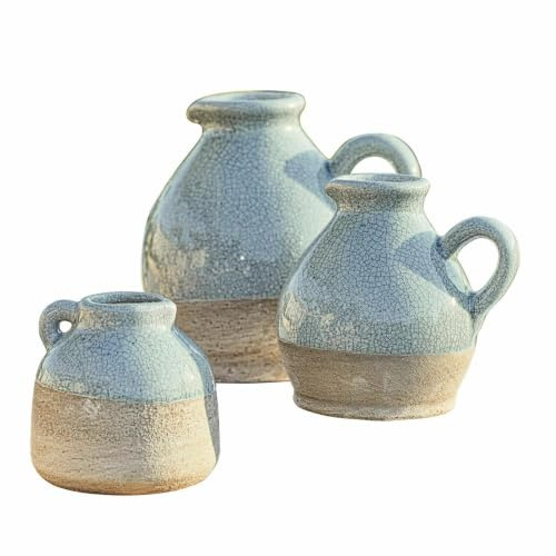 Loberon Vase 3er Set Lezíria, DREI Größen, dekorativer Craquelé-Effekt, von Hand gefertigt, Indoor und Outdoor, Gartenzubehör, Steingut, hellblau