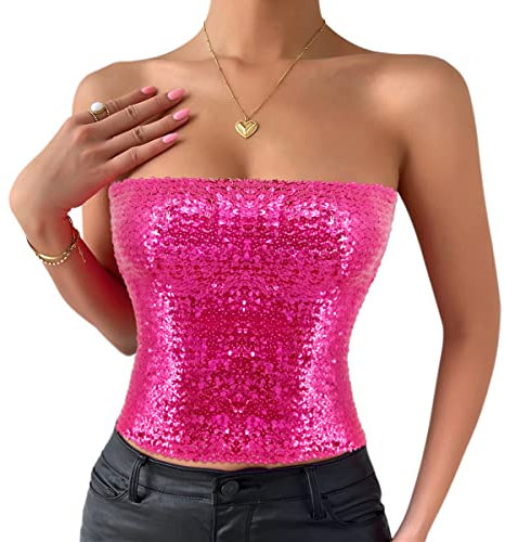 Naimo Women's Glitter Sequin Crop Top Sleeveless Off Shoulder Top Sexy Strapless Tube Top Bandeau Bustier Rave Top, rose, One size fits all